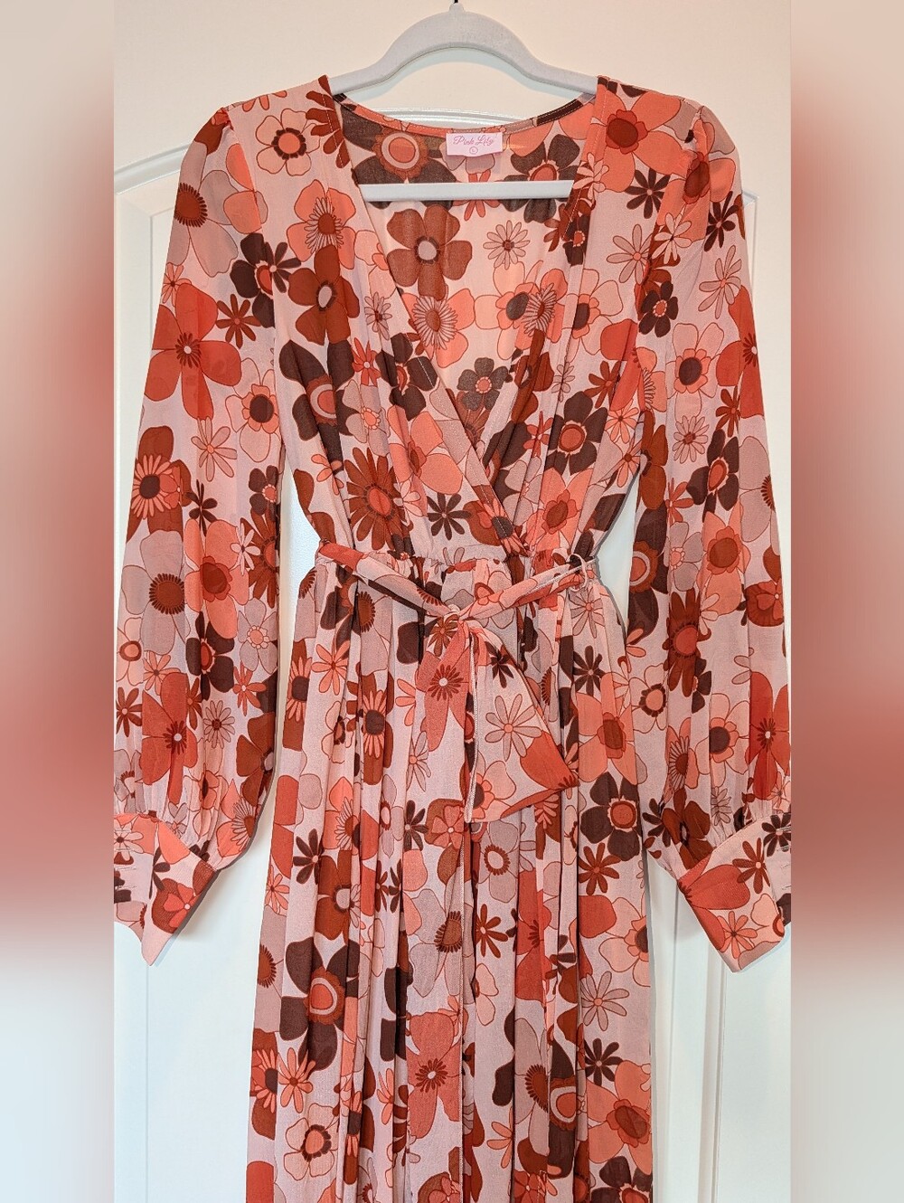 Retro Floral Boho Maxi Dress Long Sleeve Wrap Tie Waist - NWOT - Large - Picture 7 of 16